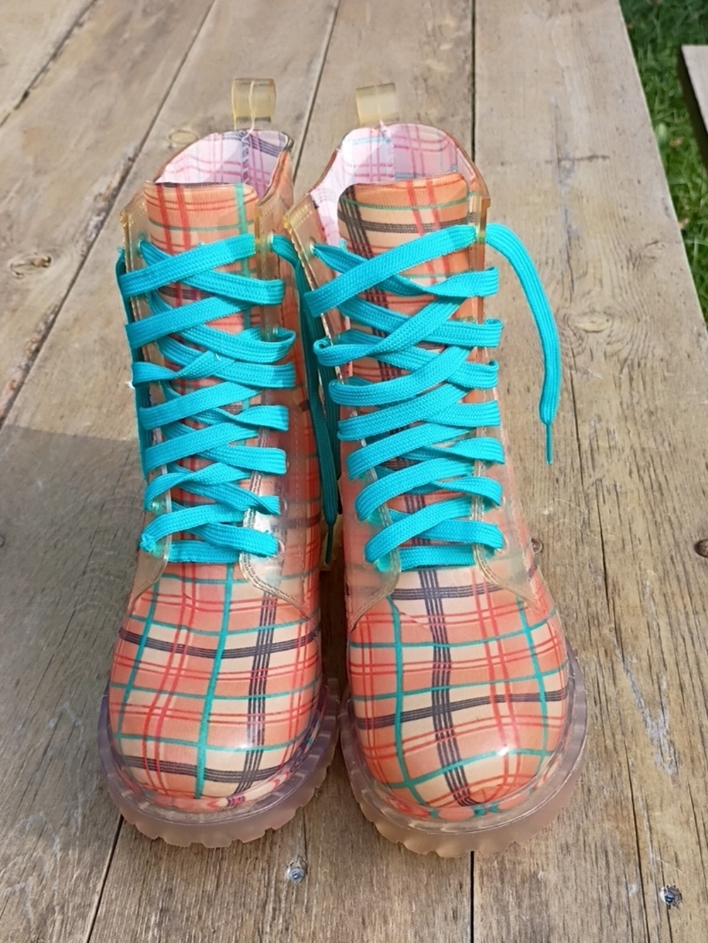 Vintage Bongo Plaid Waterproof Lace-Up Rain Boots  Women's Size 9